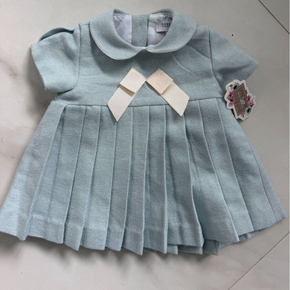 Coquelicot Baby Girl Dusty Blue Pleated Bow Dress 3 Months New